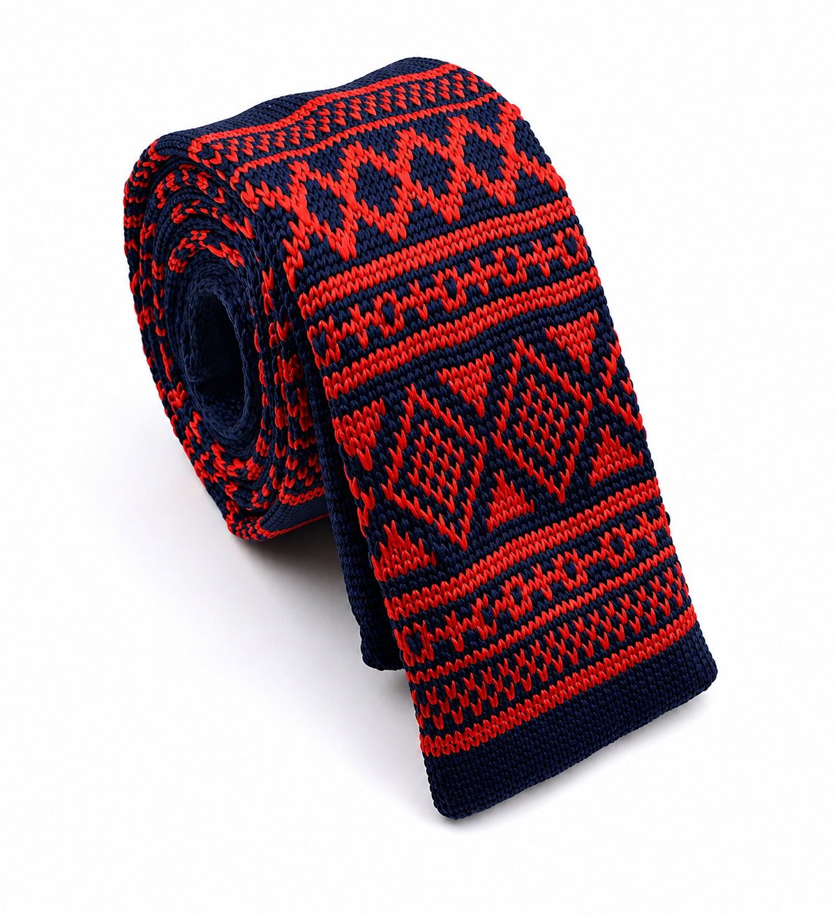 Crimson Summit Sock Tie – Red & Navy Nordic Pattern Slim Knitted Tie